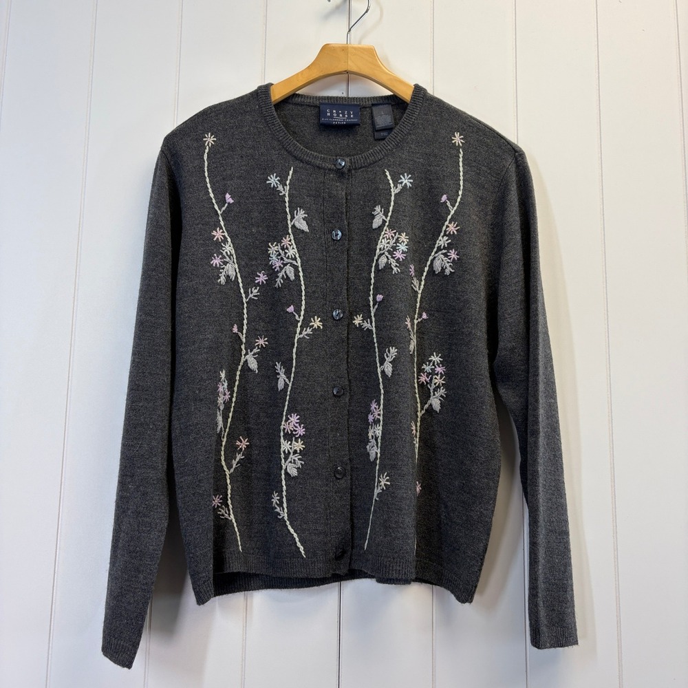 Vintage Crazy Horse Cottage Floral Embroidered Cardigan Sweater Women Size LP